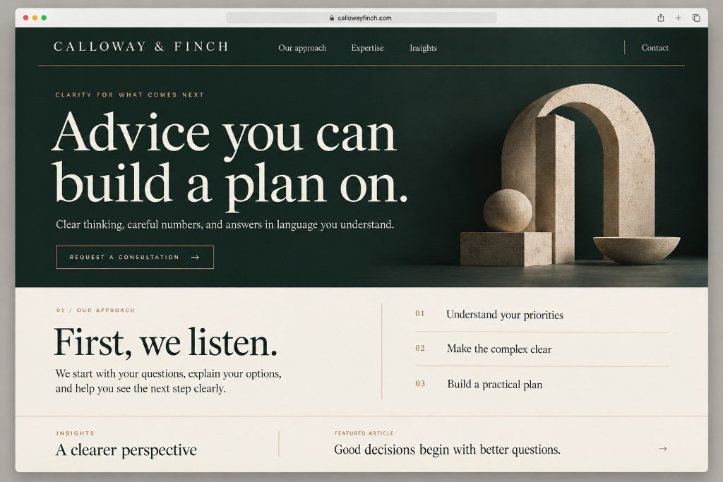 Calloway & Finch concept website, homepage preview: dark advisory hero with serif headline and stone sculpture imagery