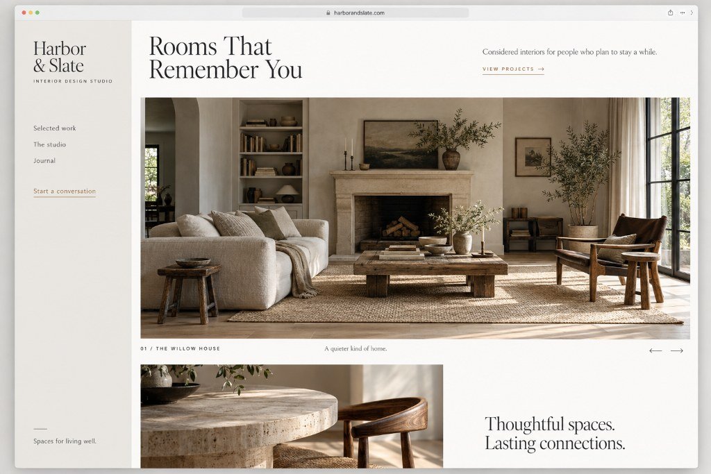 Harbor & Slate concept website, homepage preview: split interior design layout with living room photography