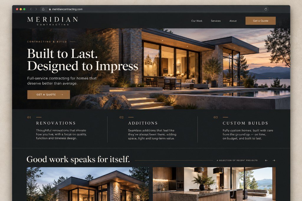 Meridian Contracting concept website, homepage preview: dark architectural hero with bronze accents