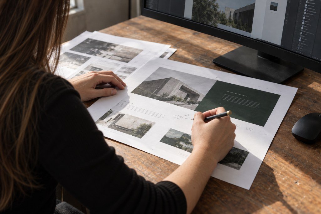 A designer at a dark wooden desk, marking up a printed website layout in pencil