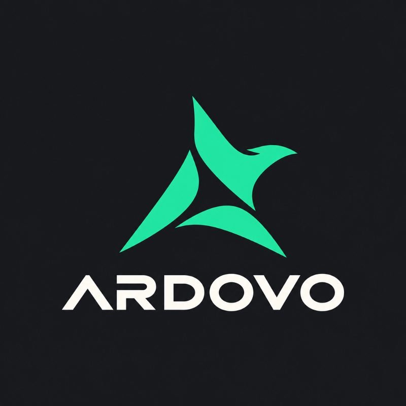 Ardovo identity concept: neon mint geometric bird-star mark on charcoal