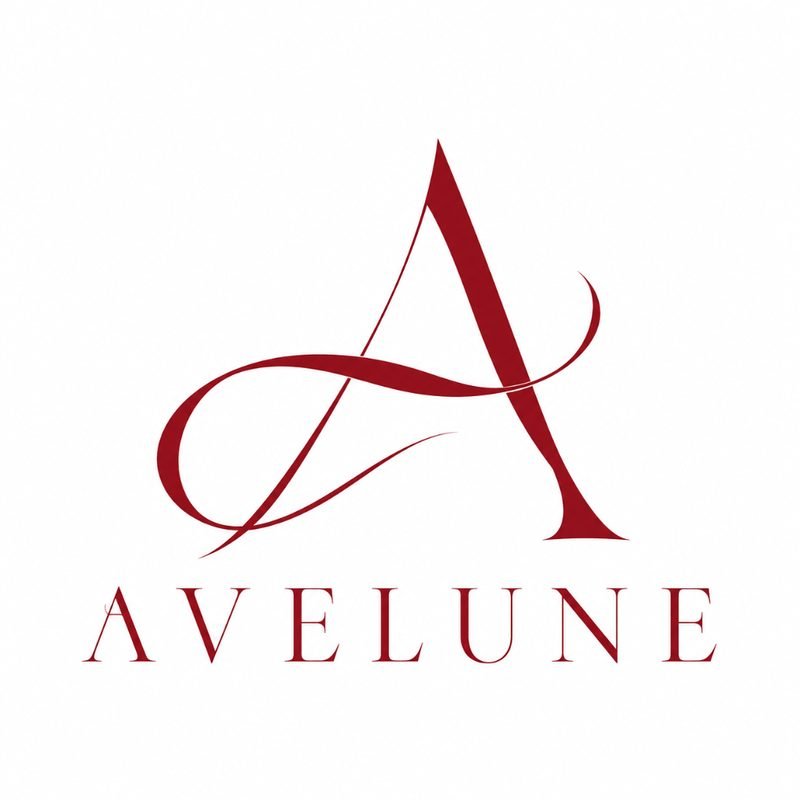 Avelune identity concept: burgundy calligraphic A with looping crossbar and thin serif wordmark