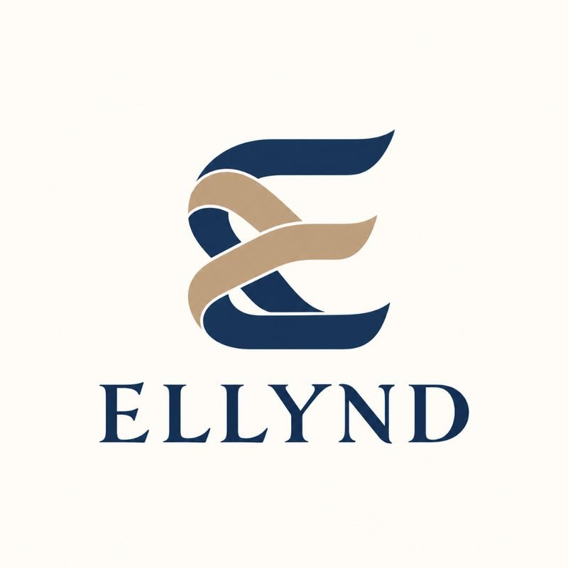 Ellynd identity concept: interlaced navy and tan ribbon E with serif wordmark