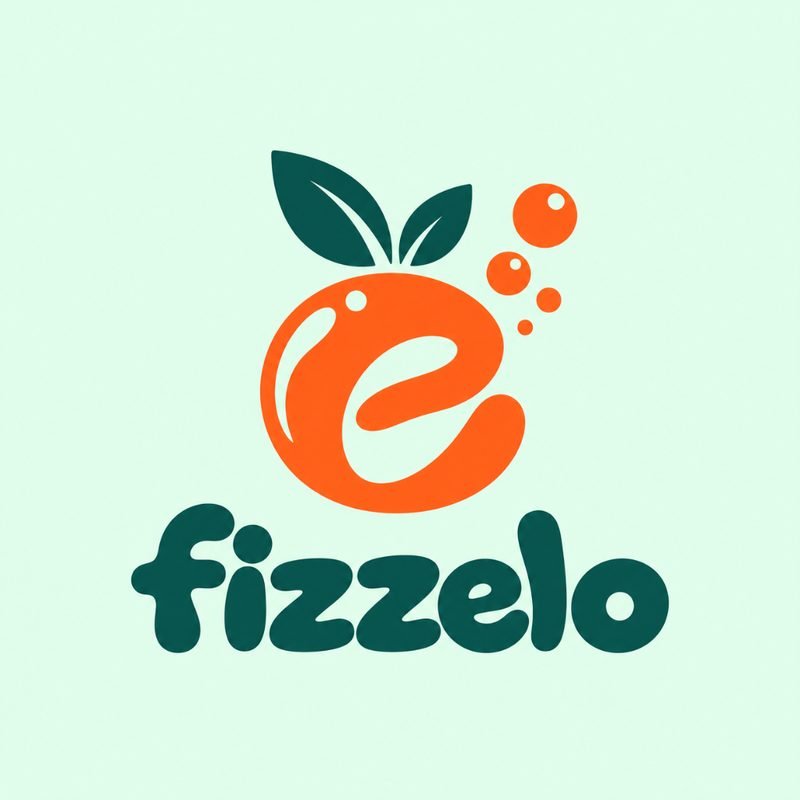 Fizzelo identity concept: orange-fruit lowercase e with bubbles on mint green