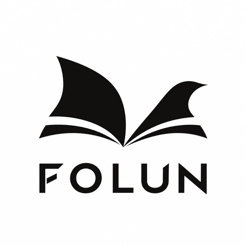 Folun identity concept: black open-book mark with wing-like layered pages and geometric wordmark