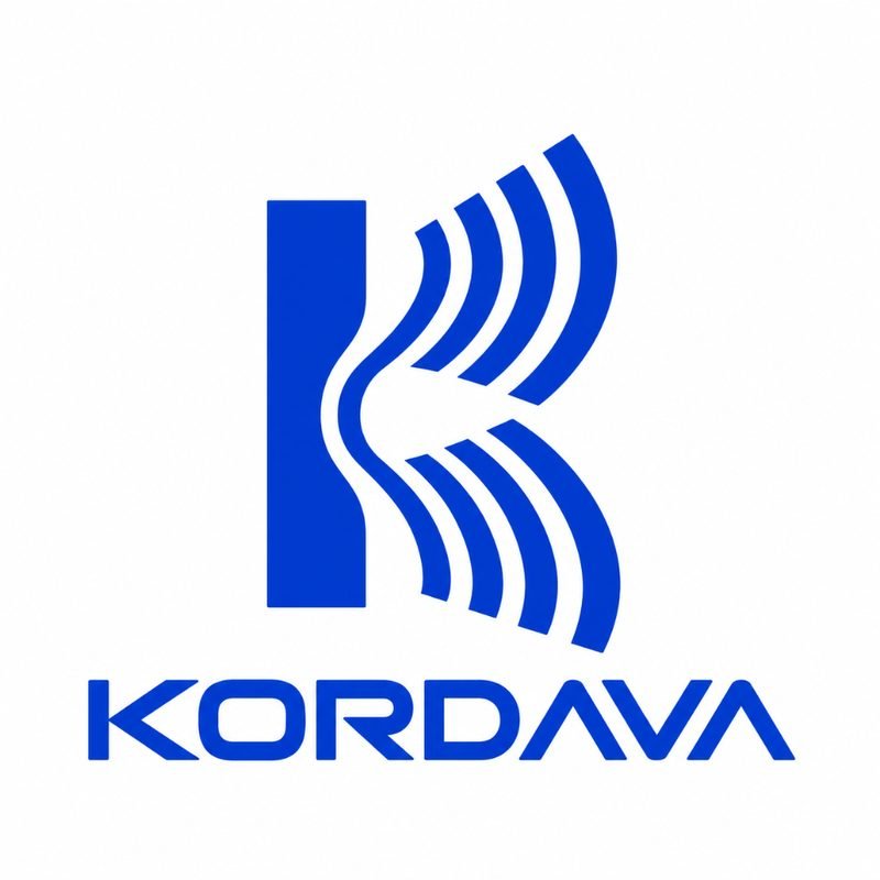 Kordava identity concept: blue K formed with signal waves and stencil wordmark