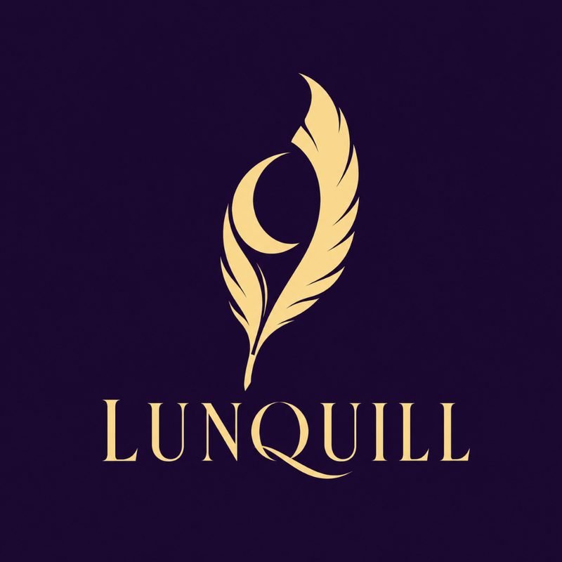Lunquill identity concept: gold feather quill with crescent moon cutout on deep plum