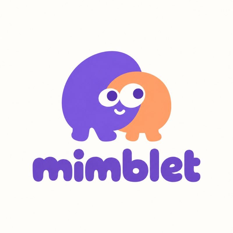 Mimblet identity concept: rounded purple and peach character mark with bubbly lowercase wordmark