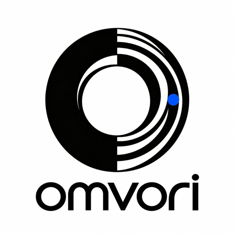 Omvori identity concept: split black circle with one blue dot and rounded lowercase wordmark