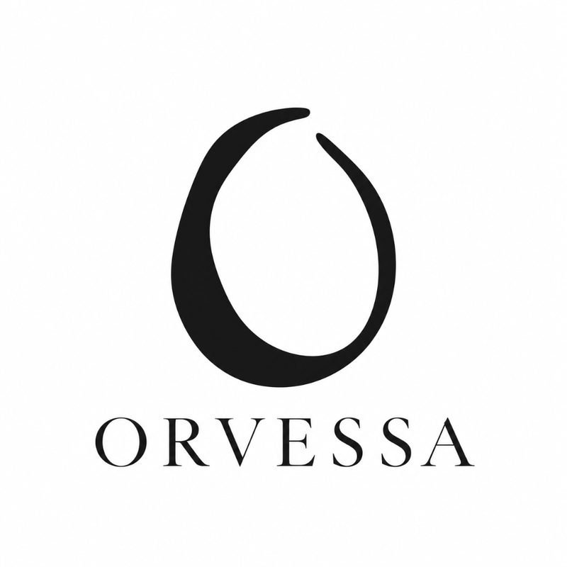 Orvessa identity concept: brush-stroke circular O above an elegant serif wordmark