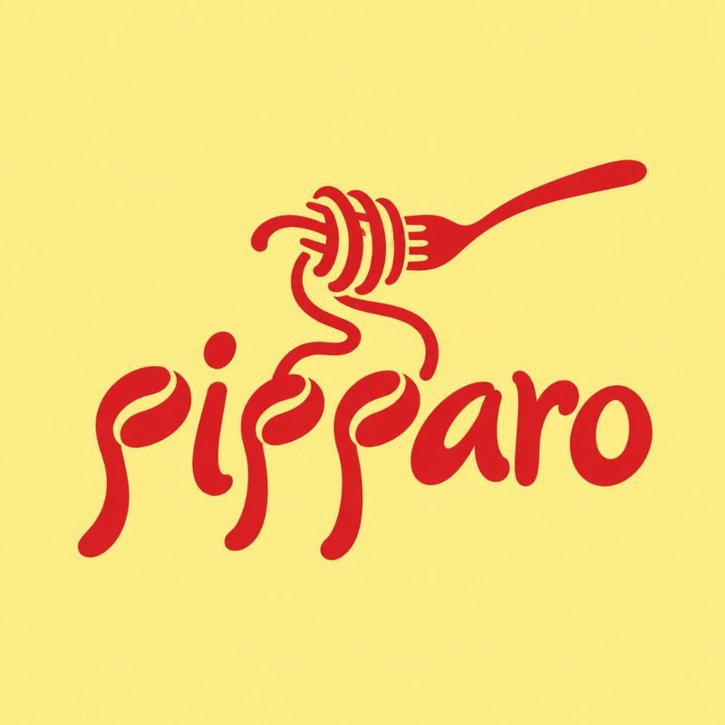 Pipparo identity concept: red fork winding pasta into the brand name on pale yellow
