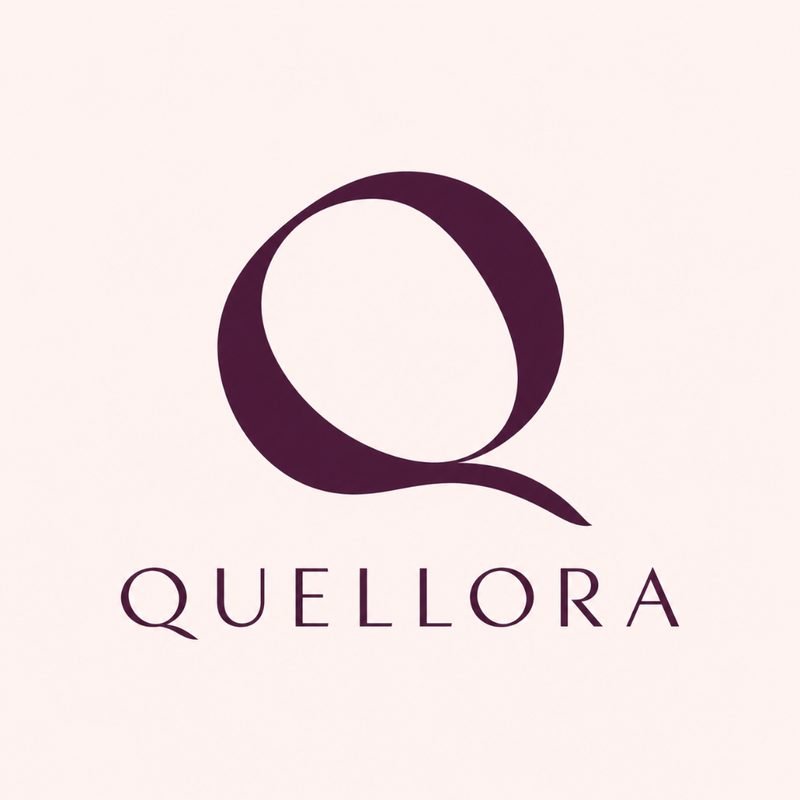 Quellora identity concept: bold eggplant Q with sweeping tail and wide-tracked serif wordmark
