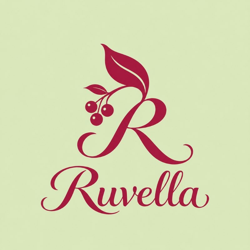 Ruvella identity concept: calligraphic raspberry R with berry branch flourish