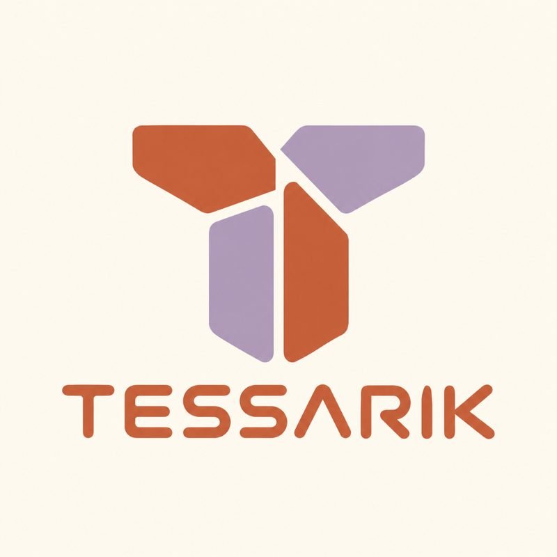 Tessarik identity concept: geometric T in rust orange and lavender with rounded sans-serif wordmark
