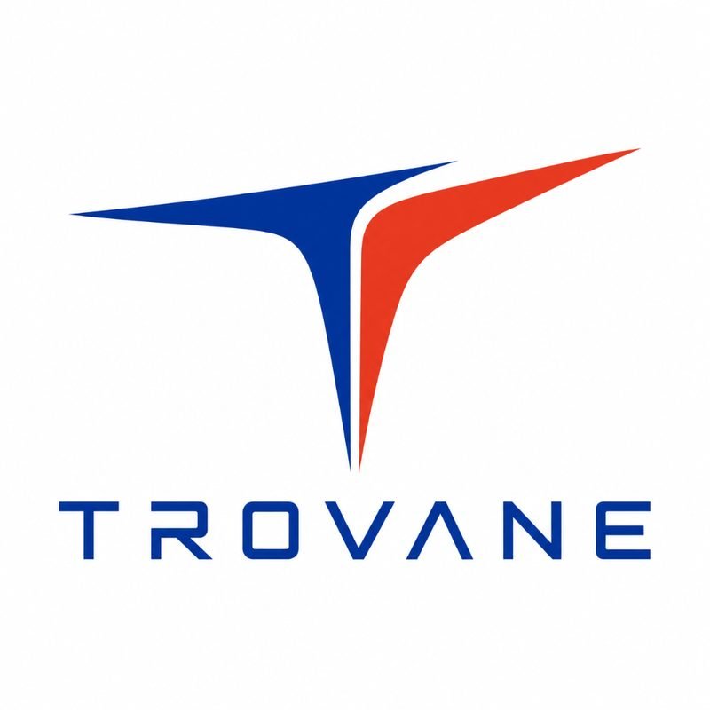 Trovane identity concept: blue and red abstract T mark with wide geometric wordmark