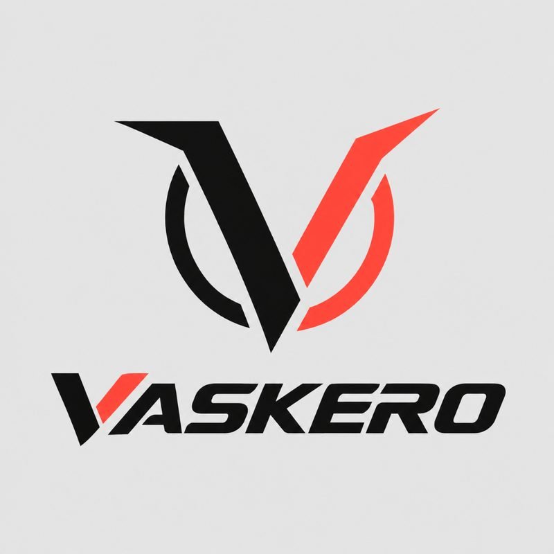 Vaskero identity concept: split black and red V inside a ring with italic wordmark
