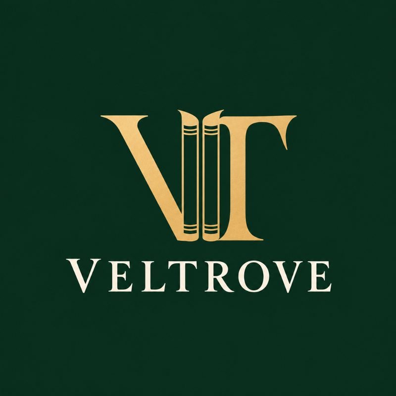 Veltrove identity concept: gold V and T monogram with book spines on forest green