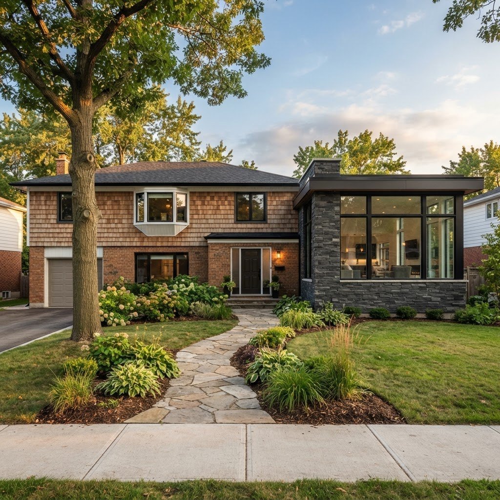 Home with a new stone and glass addition