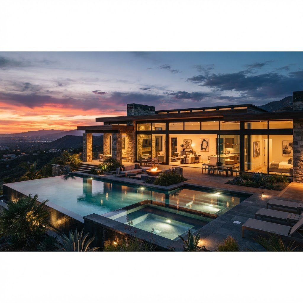 Modern stone and glass home at dusk with a lit pool deck