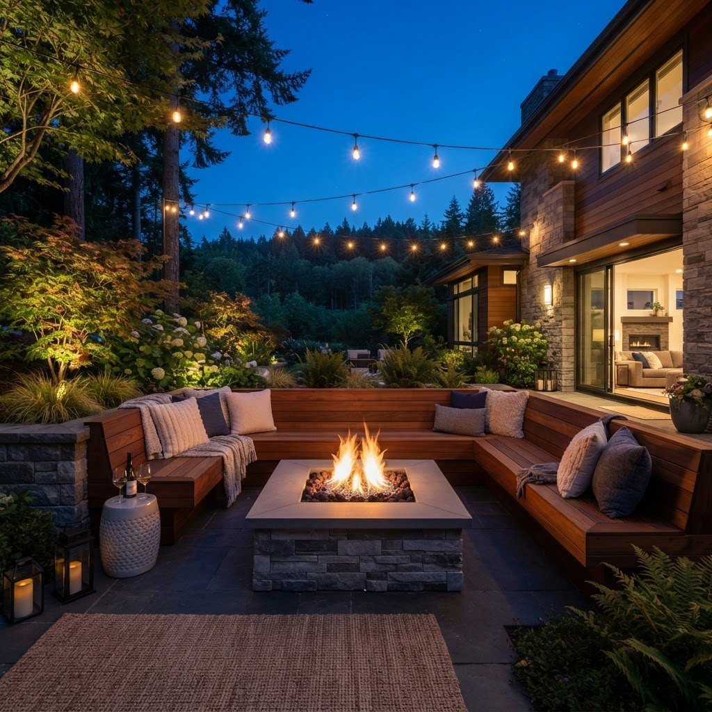 Evening patio with stone fire pit