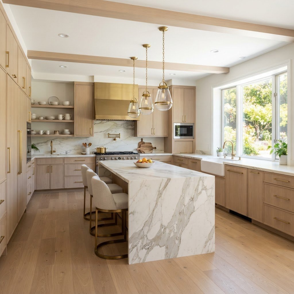 Renovated kitchen with marble island
