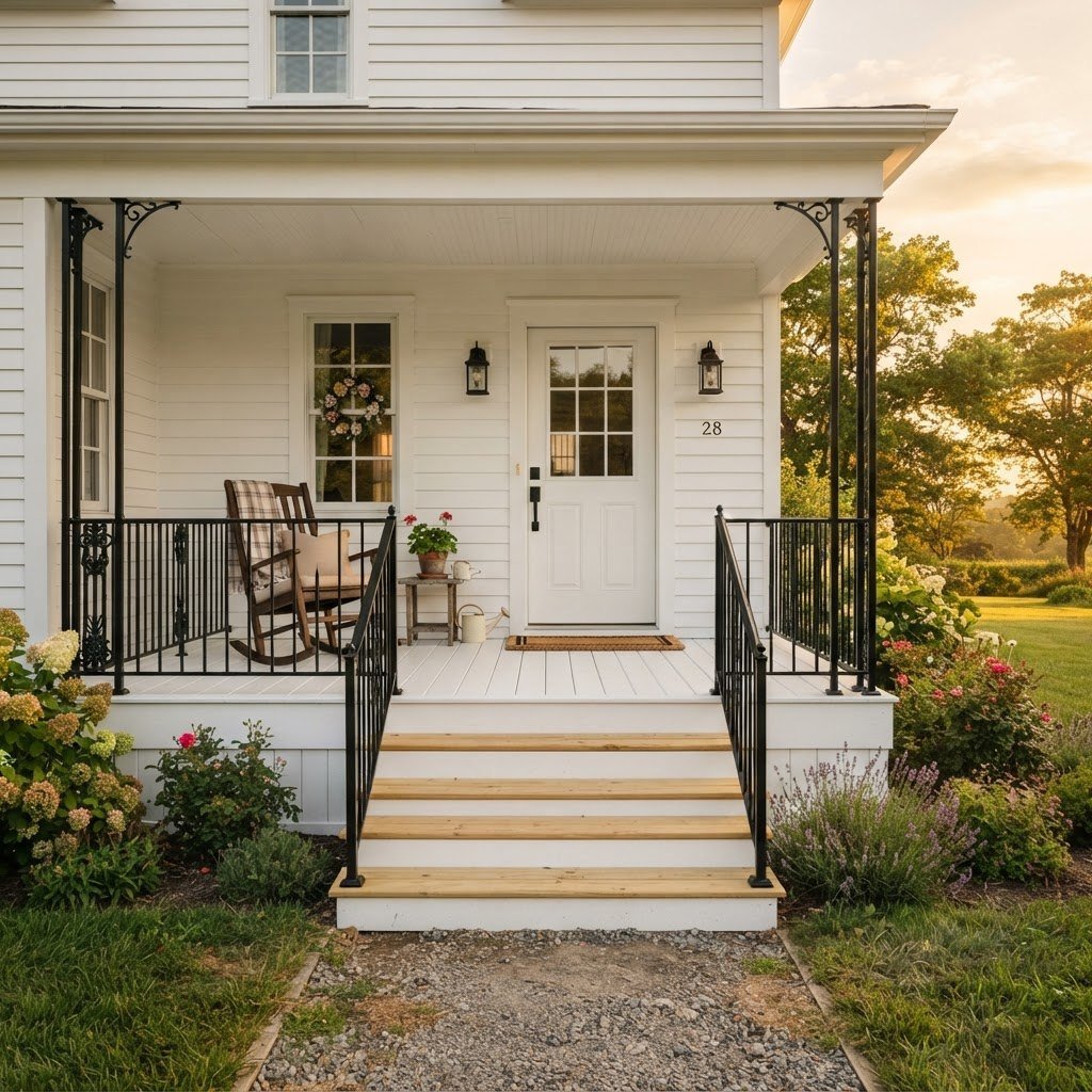 Restored white farmhouse porch