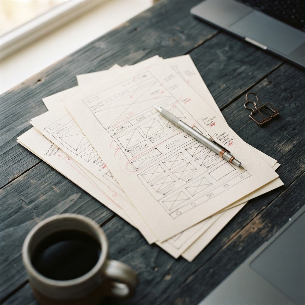 A warm desk with printed website wireframes and a pencil