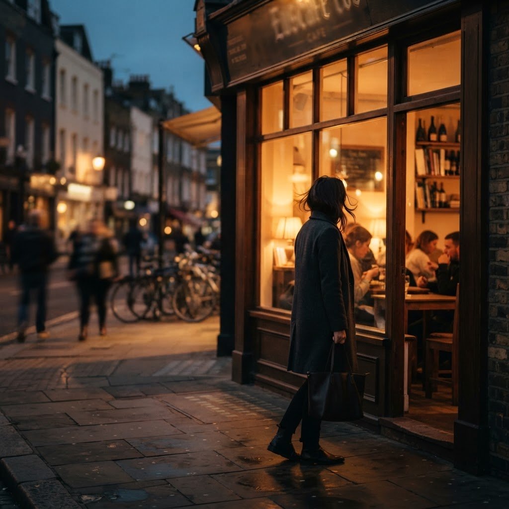 A person pausing at a warmly lit storefront window at dusk