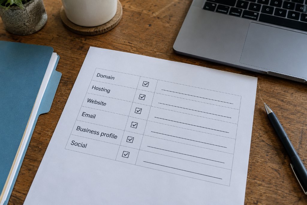 A printed checklist with six rows — domain, hosting, website, email, business profile, social — each checked off by hand