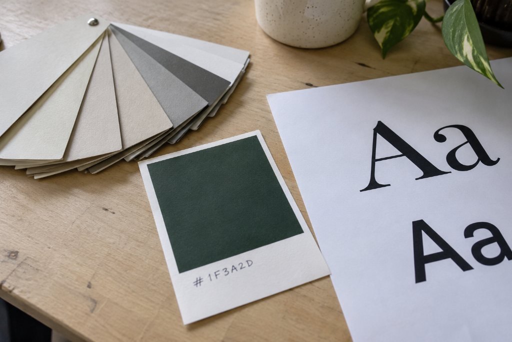 A color swatch card printed with the hex code 1F3A2D, beside a fan of neutral paint chips and typeface samples