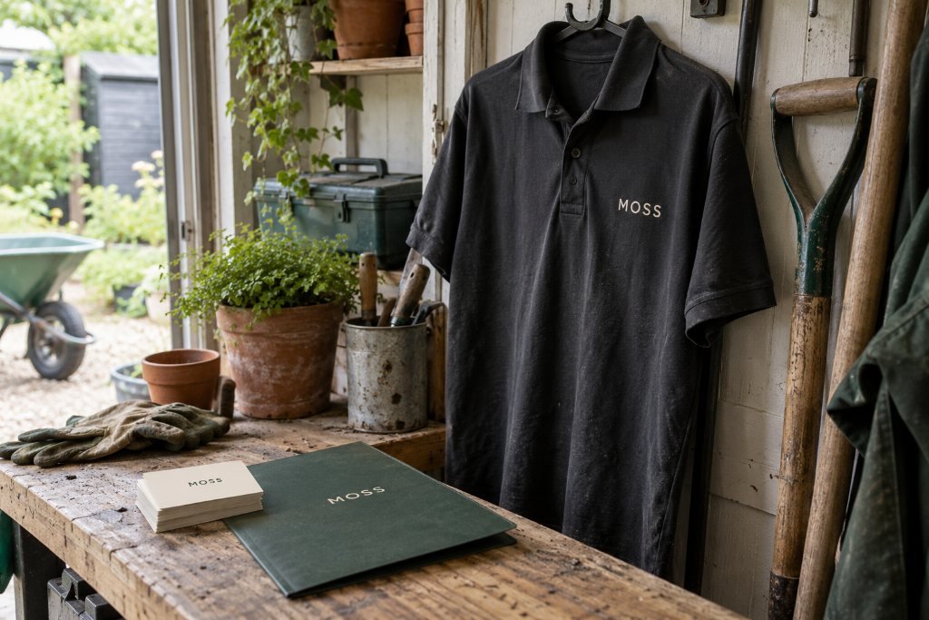 MOSS branding in use: an embroidered polo shirt, a green folder, and a stack of business cards in a workshop