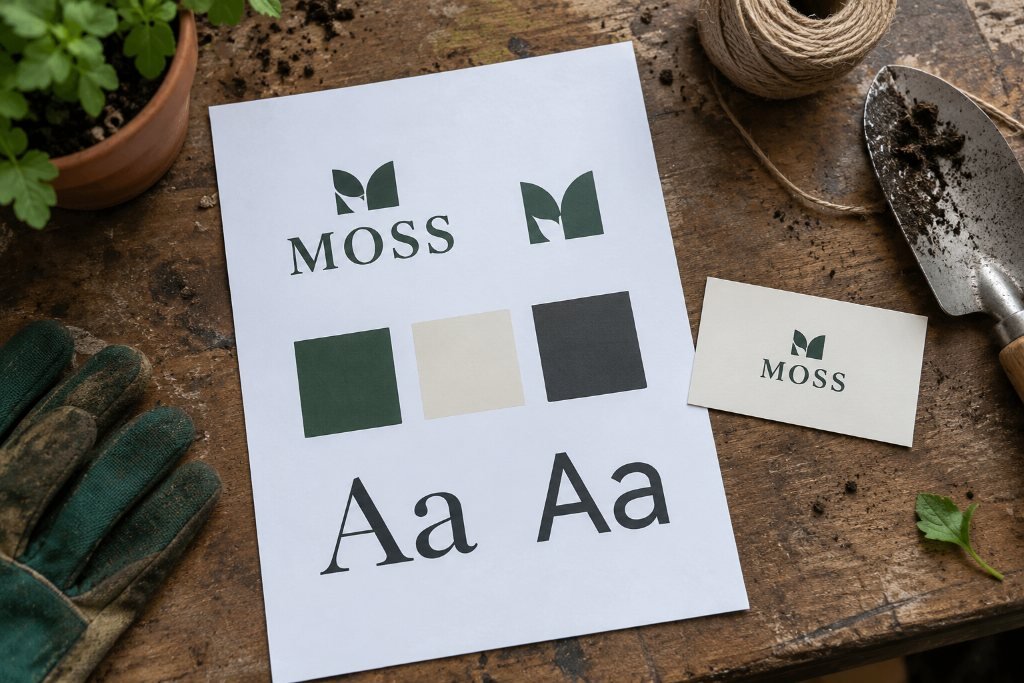A brand sheet for a company called MOSS: logo, leaf-shaped icon, three color swatches, and serif and sans-serif type samples