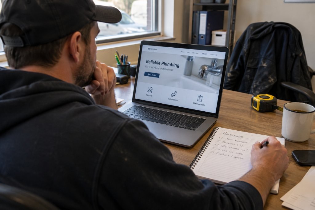 A desk from above: a notebook titled Homepage with a five-item checklist, beside a laptop showing a plumbing website