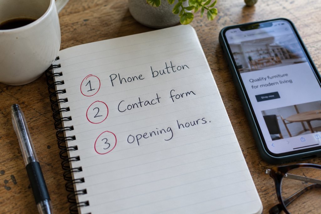 A notebook with three priorities circled in red — phone button, contact form, opening hours — beside a phone showing a furniture website