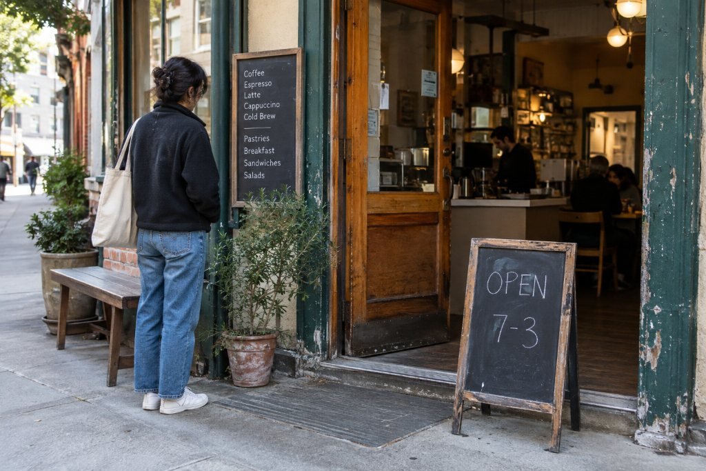 A cafe exterior in forest green with a chalkboard menu and a sidewalk A-frame sign reading OPEN 7-3