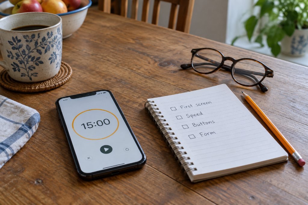 A phone showing a 15-minute timer beside a notebook listing first screen, speed, buttons, form