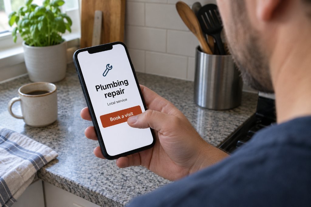 A phone screen with a plumbing repair app: blue wrench icon, Local service label, and a Book a visit button