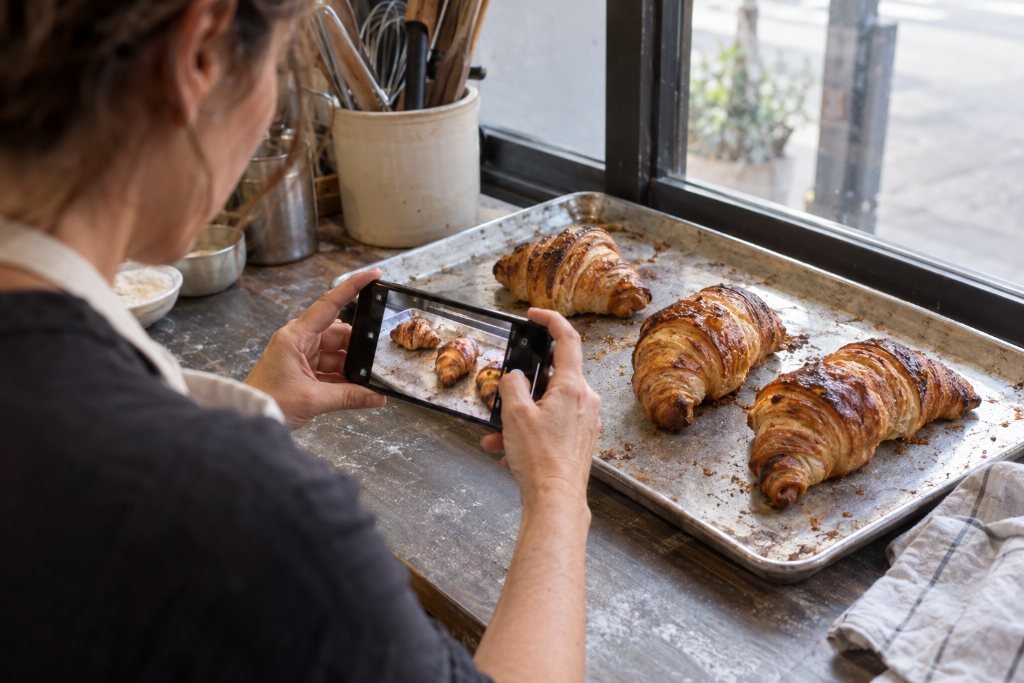 Hands holding a phone to photograph a tray of golden croissants, the same pastries visible on the phone screen