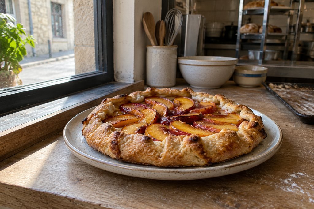A rustic peach galette with a golden crimped crust on a speckled ceramic plate, lit by window light
