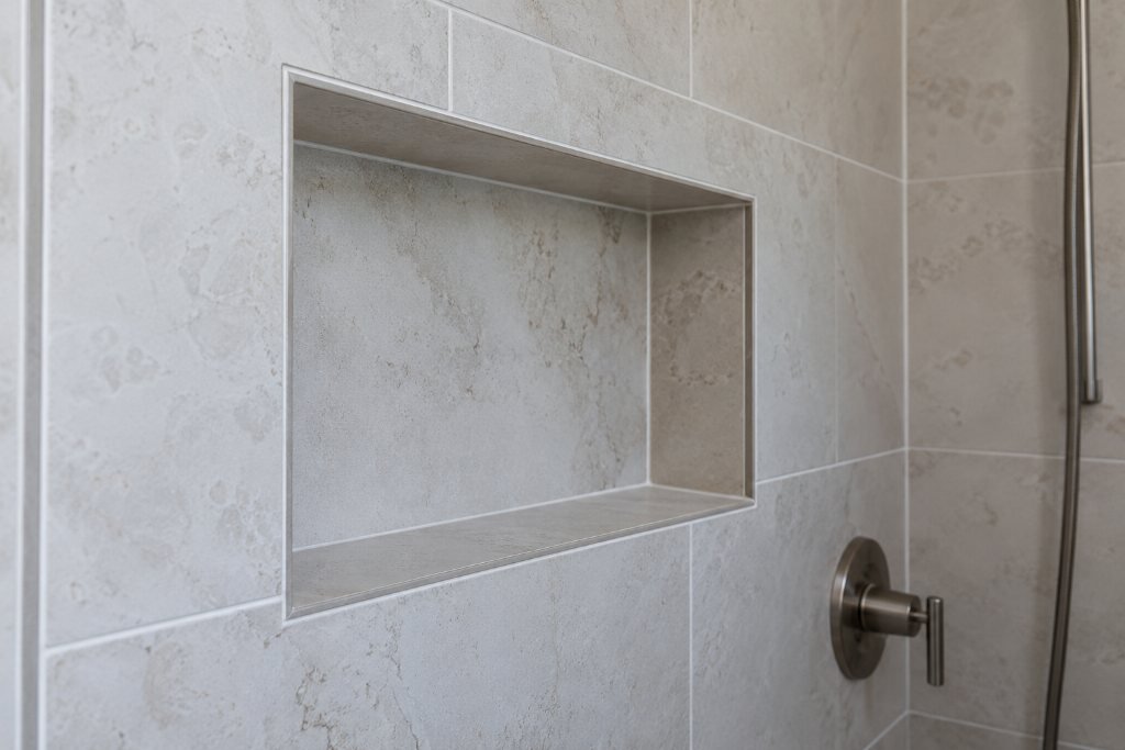 A marble-tiled shower niche with brushed metal trim