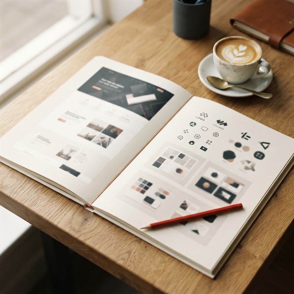 Printed design portfolio pages spread across a warm oak desk