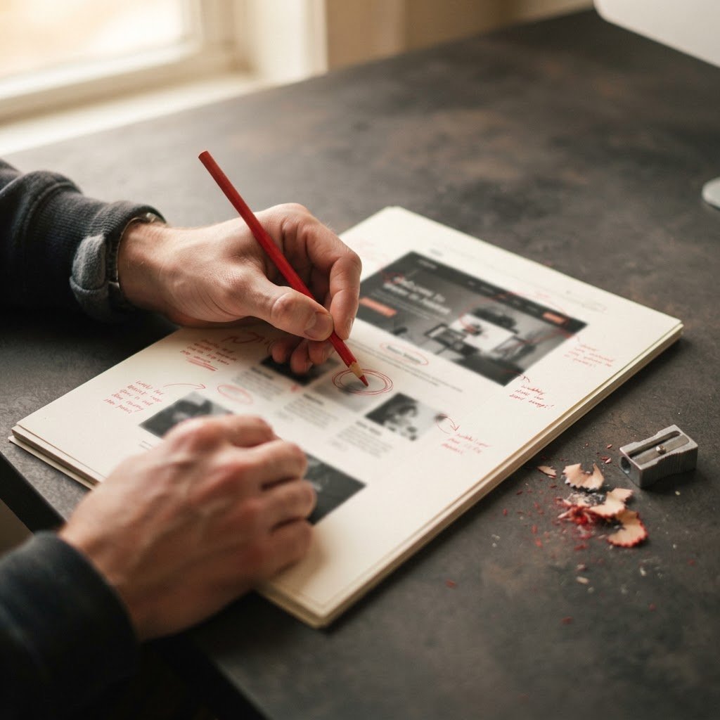 Hands marking up a printed webpage with a red pencil