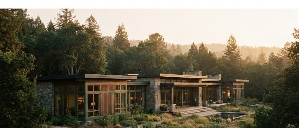 A quiet stone-and-timber building in warm evening light, reflecting the studio's palette