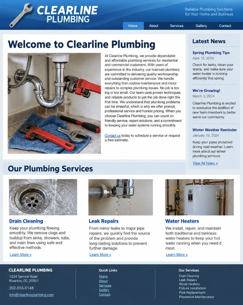 Clearline Plumbing original website, marked up with studio critique