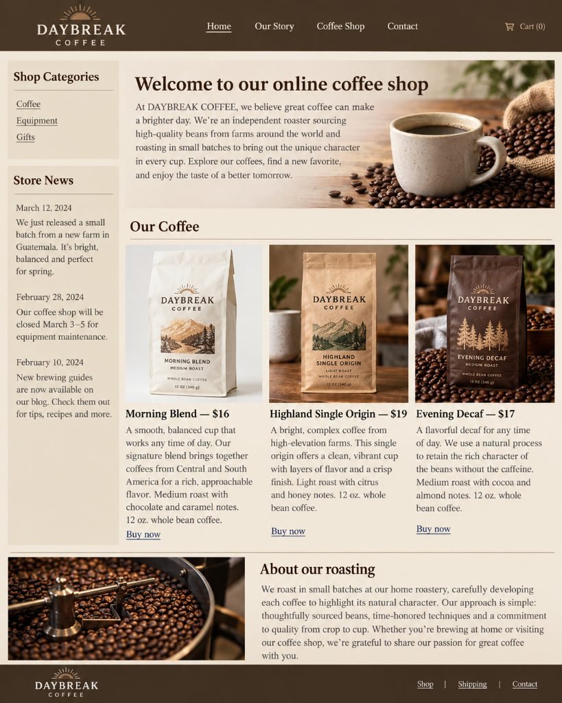 Daybreak Coffee original website, marked up with studio critique