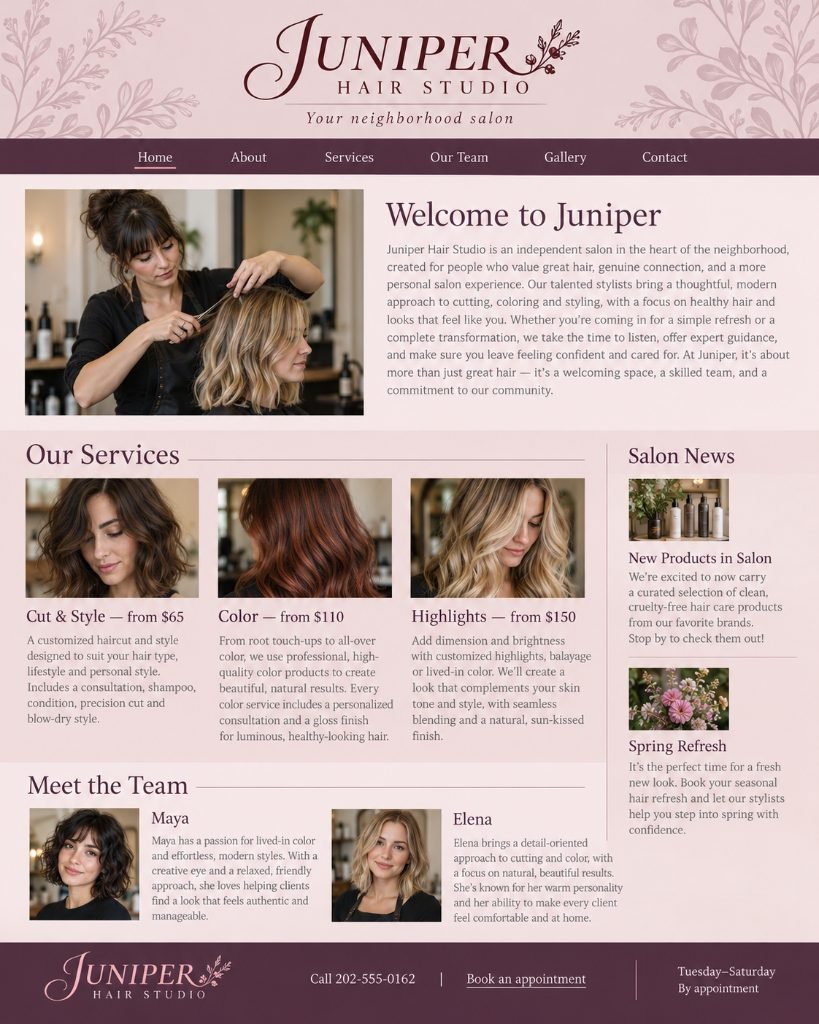 Juniper Hair Studio original website, marked up with studio critique