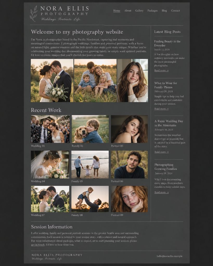 Nora Ellis Photography original website, marked up with studio critique