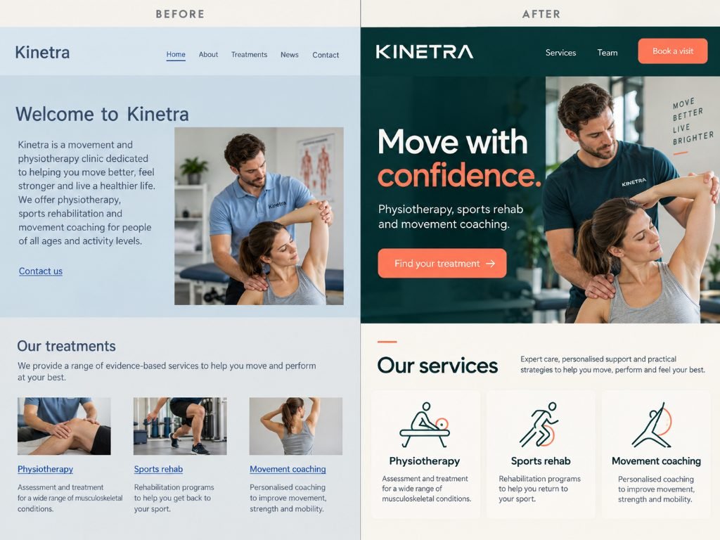 Kinetra website redesign: physiotherapy clinic site shown before and after