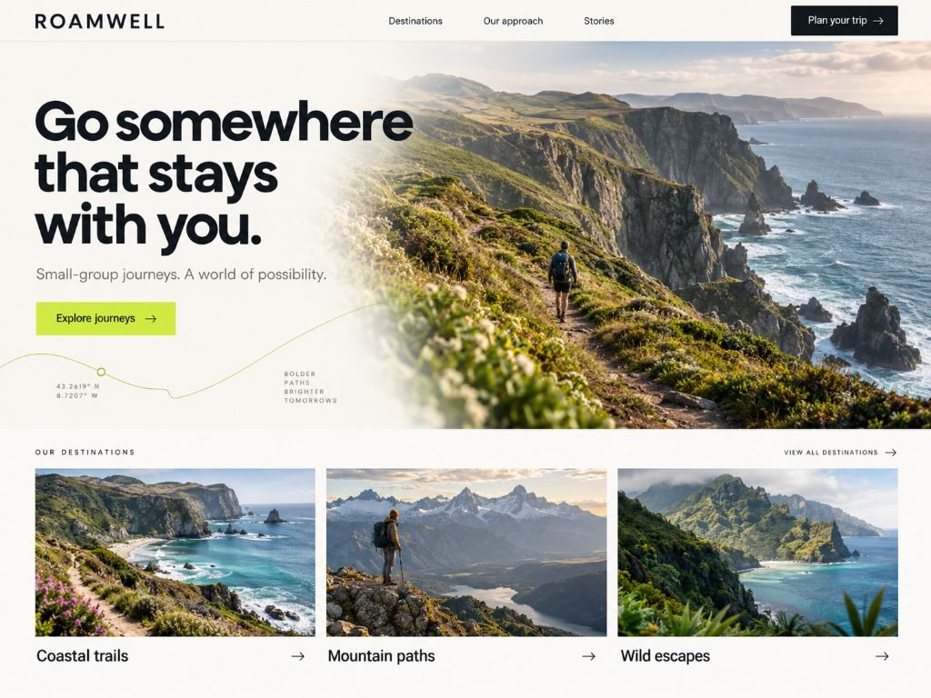 Roamwell website concept: travel brand homepage with hero image and destinations grid