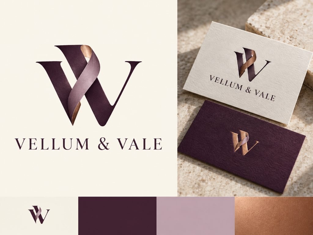 Vellum and Vale brand identity: ribbon W logo, business cards, and color palette